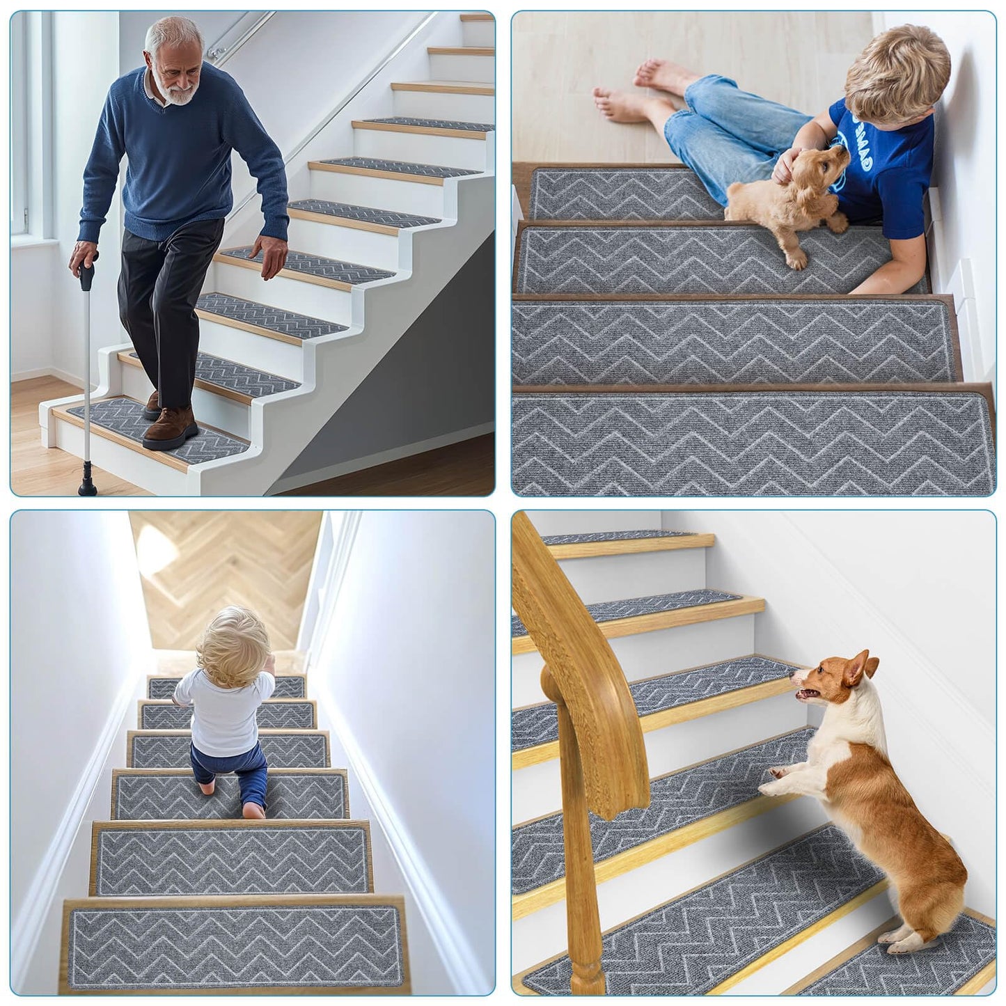 Stair Treads for Wooden Steps, 15 Pack 8"x30" Non-Slip Indoor Carpet Stair Treads with Reusable Polyester TPE Backing for Kids Elders and Pets (Dark Gray)