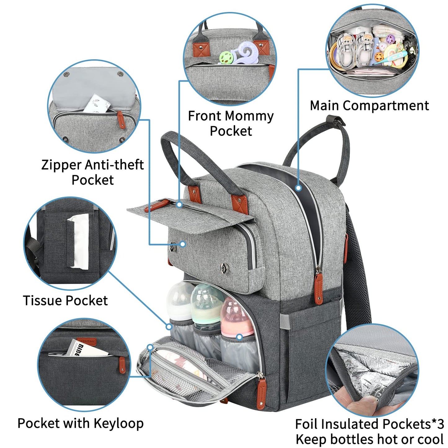 Diaper Bag Backpack, Baby Bag for Boys Girls, Large Diaper Backpack Travel Diaper Bags with Insulated Pockets Baby Registry Search Shower Gifts Newborn Essentials for Mom Dad, Waterproof Grey
