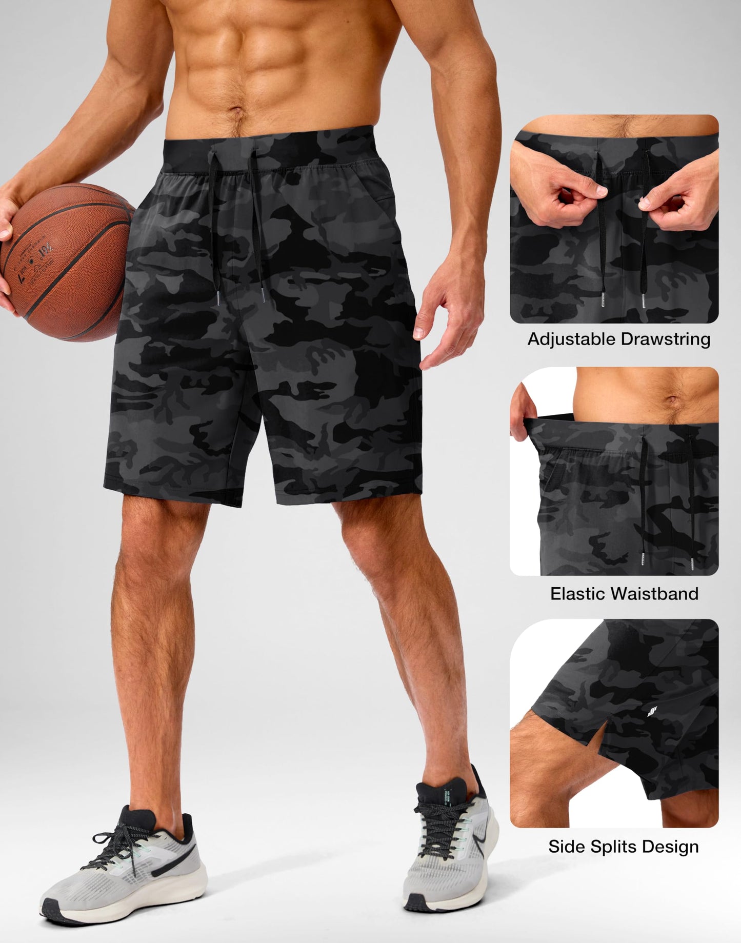 Soothfeel Men's Running Shorts with Zipper Pockets 9 Inch Lightweight Quick Dry Gym Sports Athletic Workout Basketball Shorts for Men (Grey Camo, XXL)