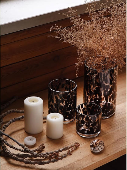 ARIAMOTION Glass Hurricane Candle Holder Set,Table Decoration Centerpieces for Pillar Votive Tealights Clear Cylinder Vase with Black Tortoise Pattern, 8 Inch 5 Inch 3.5 Inch Height, 3 Piece