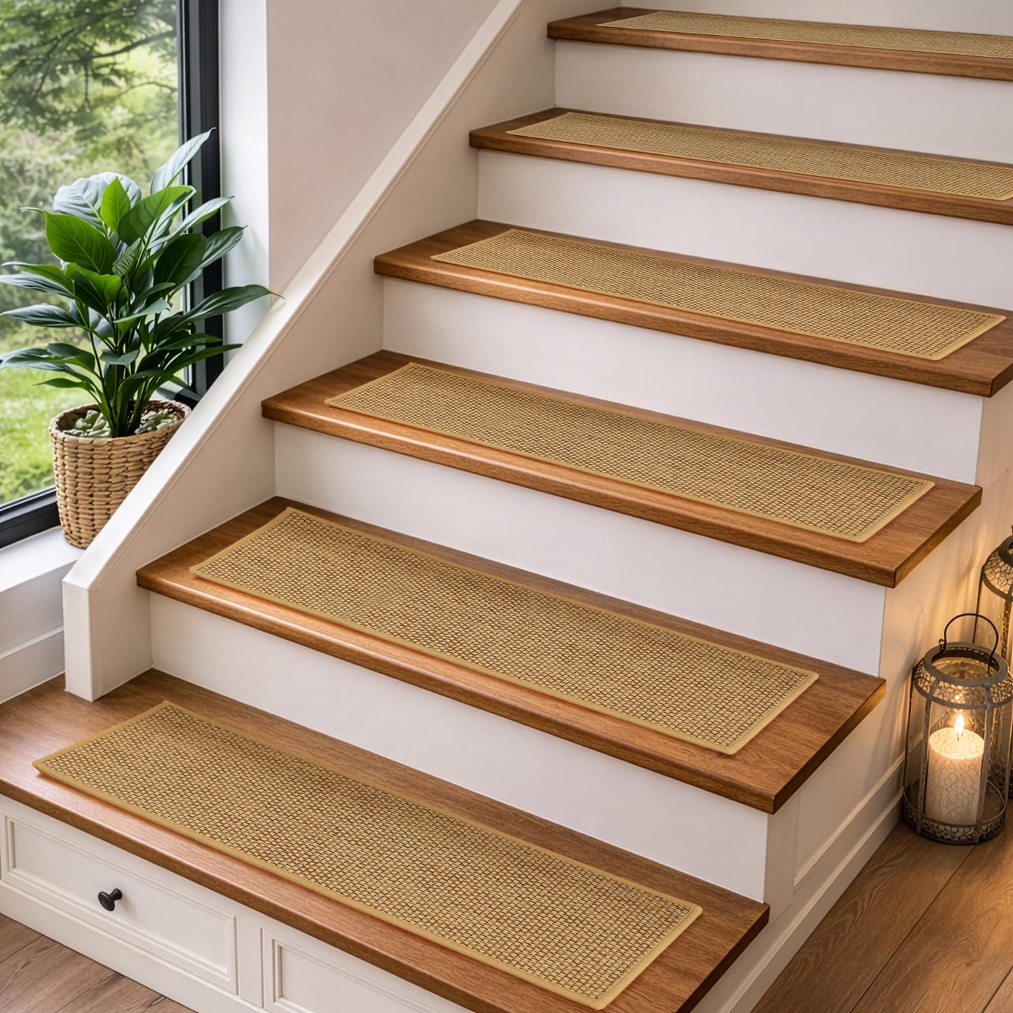 15PC Non Slip Stair-Treads, 3D Peel and Stick Stair Treads for Wooden Steps Indoor | Stair-Carpet Treads Washable Reusable Adhesive | carpet for stairs Stair-Runner Rugs for Kids and Dogs 9"x28" Beige
