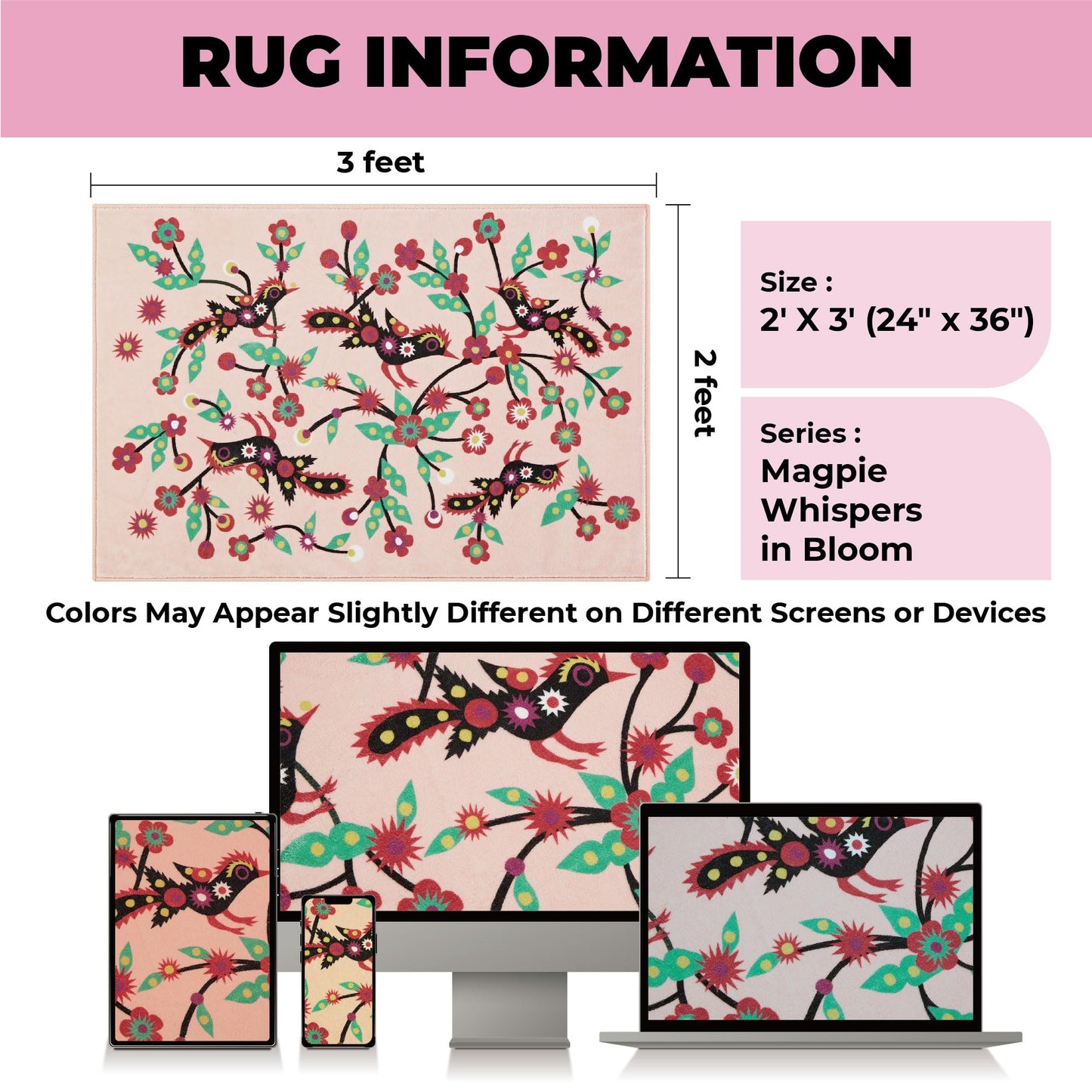 Jianhua Goddess 2x3 Entry Rug, Magpies Pattern Series Inspired by Ku Shulan Paper-Cut, Machine Washable Indoor Floral Folk Art Accent Rug with Non-Slip Backing for Entryway, Bedside, Studio