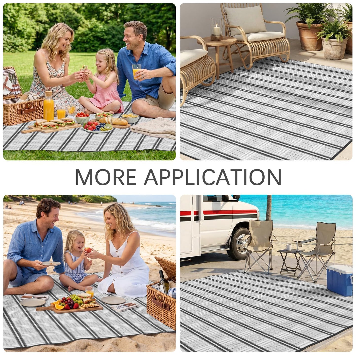 KANAGAWA Outdoor Rug Waterproof, 5x8 ft Reversible Plastic Straw Braid Rug Outdoor Carpet RV Mat for Patio, Porch, Picnic, Balcony, Deck, Backyard, Blue & White