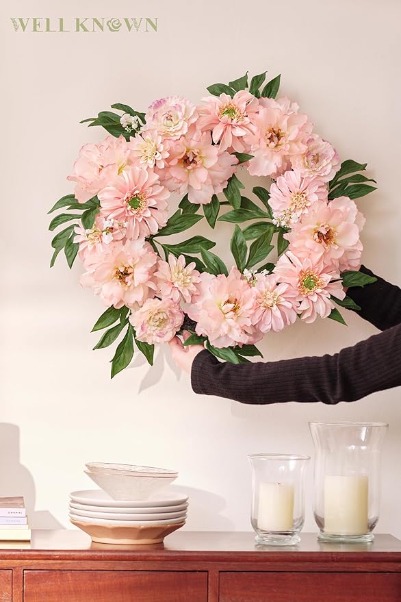 WELL KNOWN Artificial Silk Peony Flower Wreath, Fall Winter Wreaths for Front Door Porch, Wreath for Home Office Shops Wall Hanging Window Wedding Farmhouse Thanksgiving Party Decor (Blush Pink)
