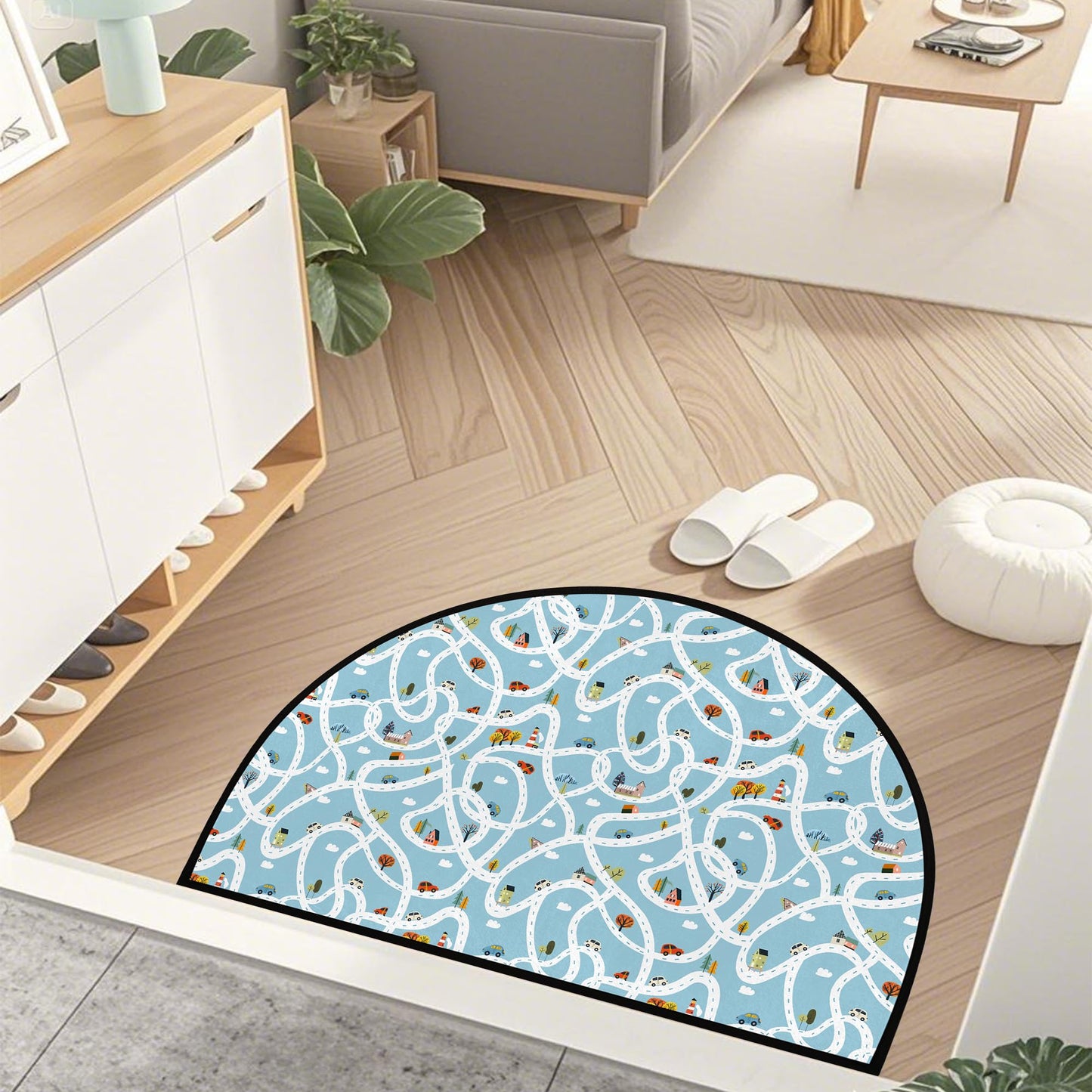 HUXINO Kids Play Mat with Maze City Road Map, Non-Slip Half Circle Rug for Car Play, Interactive Educational Game Mat for Bedroom and Playroom, 36x24 Inch