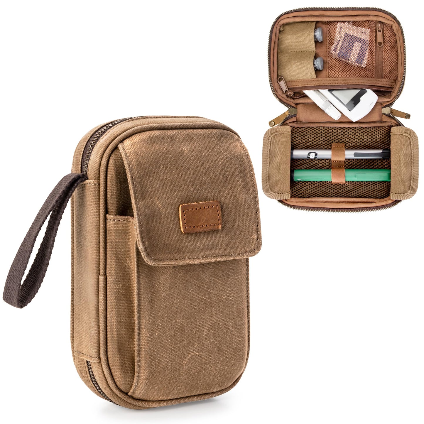 Yarwo Diabetic Supplies Travel Case for Men, Waxed Canvas Diabetes Storage Smell Proof Bag with Leather Clip for Glucose Monitor, Insulin Syringe, Test Strips, Lancets & Diabetic Care Kits (BAG ONLY)