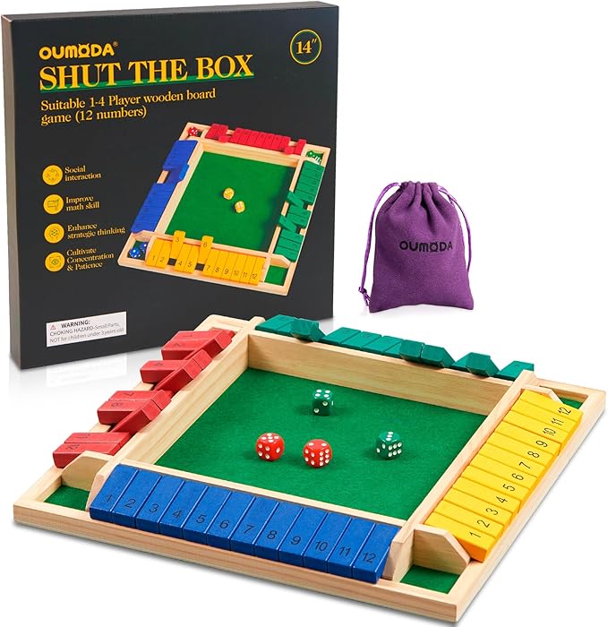 14 inches Shut The Box Dice Game 2-4 Player Upgraded 12 Numbers Wooden Board Table Math Games for Adults and Kids 12 Dices Classics Tabletop Version Games for ClassroomHomeParty or Pub