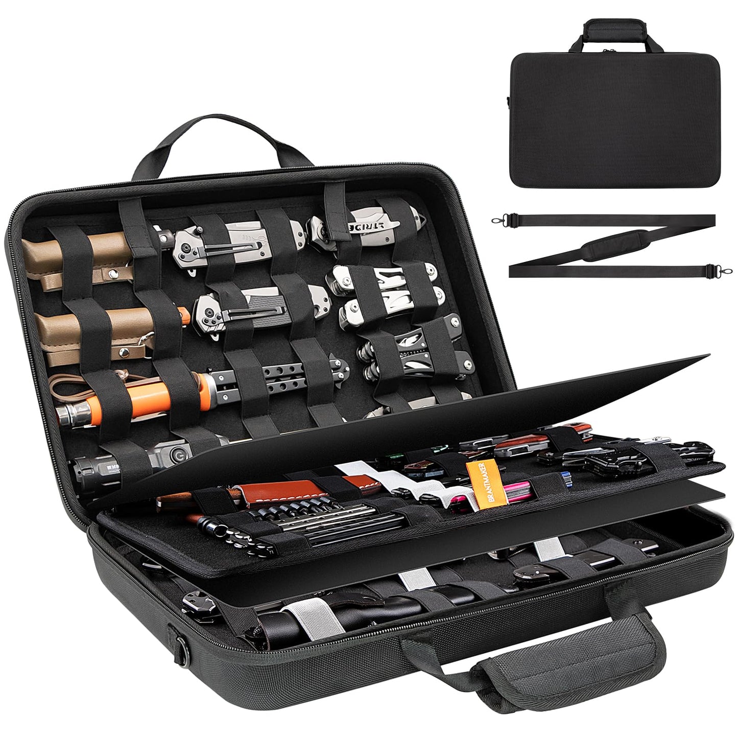 BRANTMAKER Knife Display Case, Knife Case for 61+ Pocket Knives, Collection Box with Portable Shoulder Strap, Knife Storage Items (Box Only)