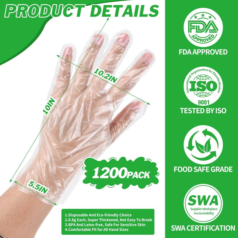 BYMORE 1200 Pcs Disposable Plastic Gloves Bulk, Clear Food Handling Service Gloves for Kitchen Food Prep Food Service Food Handling Cooking Cleaning, One Size Fits Most