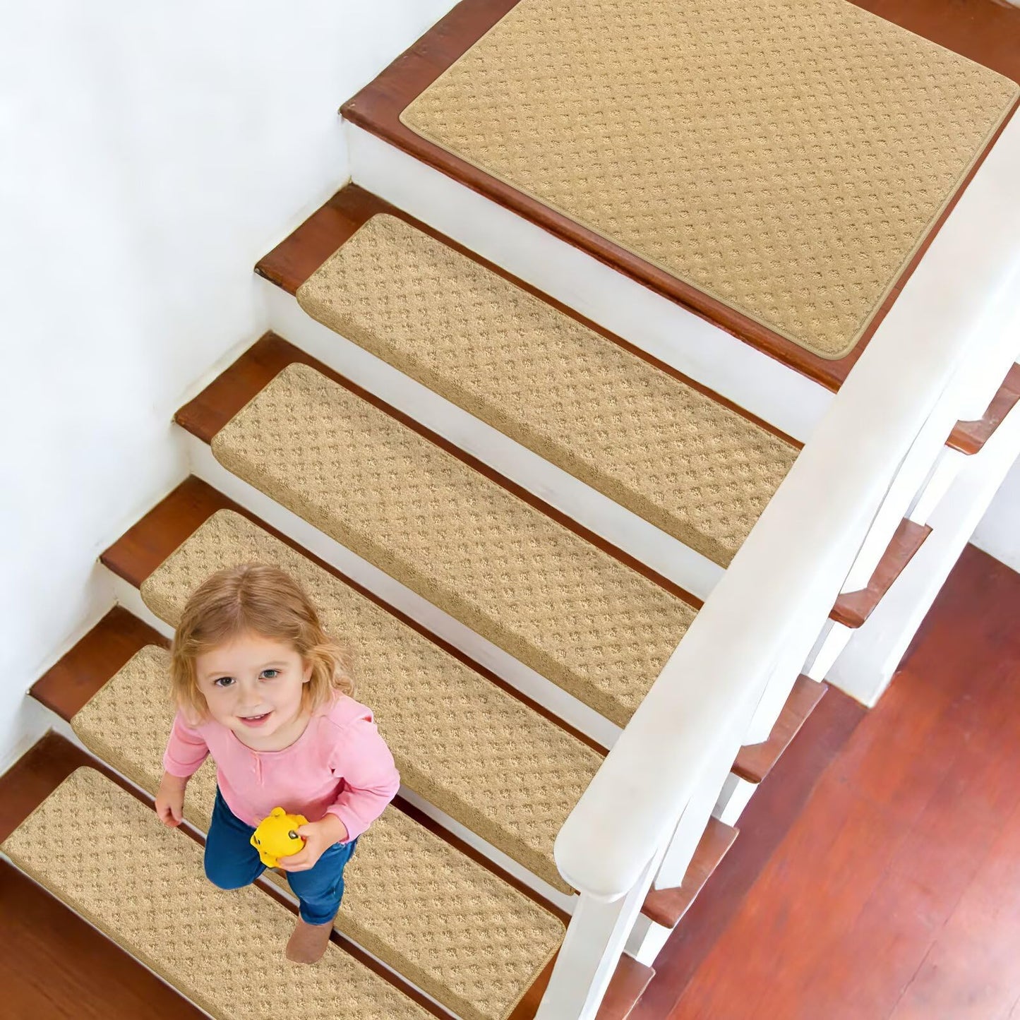DEXDE Bullnose Carpet Stair Treads Non Slip for Wooden Steps Indoor, 30" x 9.5" x 1.7" (14 Pack) - Peel and Stick Stair Runner Rugs with Edge Protection, Washable & Reusable Pet Friendly Mats, Beige