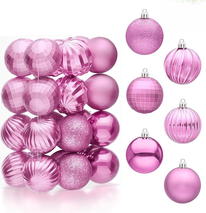 JOIEDOMI 24 Pcs Pink Christmas Balls Ornaments Set, 2.36" Christmas Tree Ornaments Shatterproof, Xmas Balls Hanging Decorations for Tree Wreath Garland Holiday Wedding Indoor Party Decor