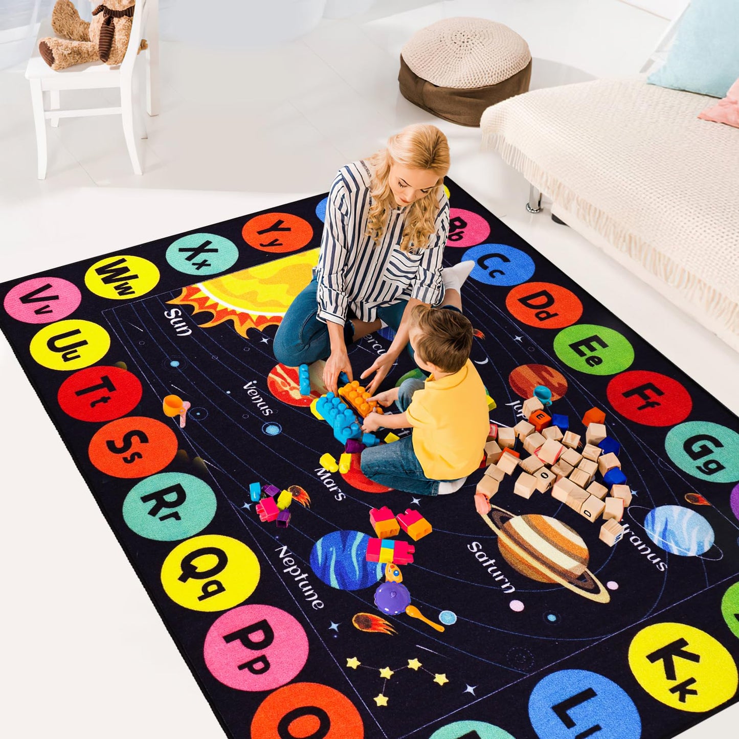 AKASISRUG Kids Rug Outer Space Carpet for Playroom, ABC Educational Learning Area Rug, Non-Slip Solar System Road Play Play Rug for Kids Bedrooms, Classroom, Room Decor (Black, 78.7X59 INCH)