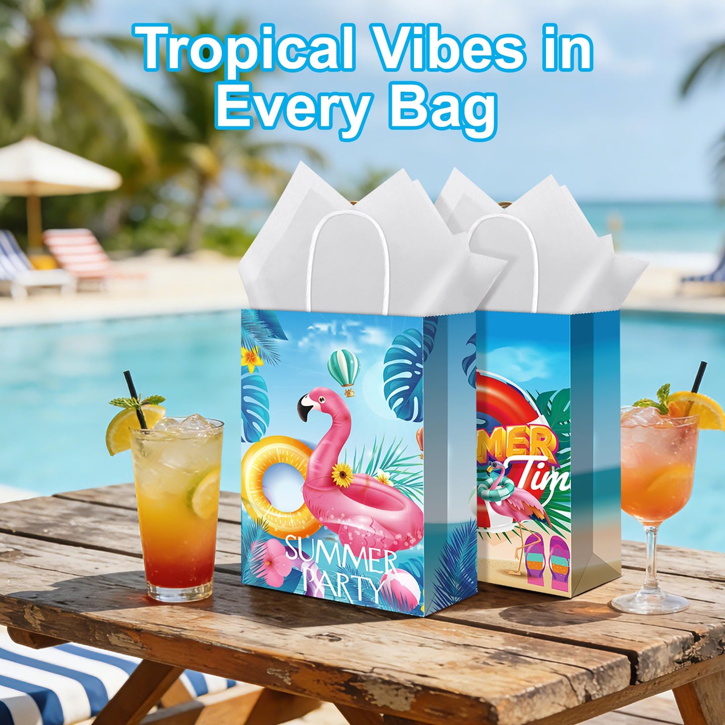 MIMIND Summer Beach Party Paper Bags with Tissue Paper 48 Pack Pool Kraft Goodie Candy Gift Treat Bags with Handles for Summer Luau Tropical Beach Party Favors Supplies