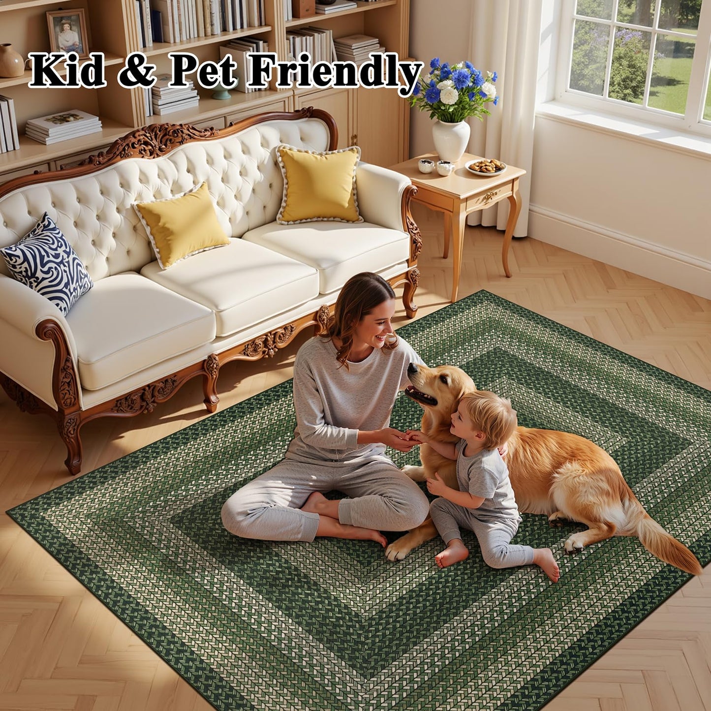 Ileading Faux Braided Area Rug 5'x8' Washable Farmhouse, No-Shed Non-Slip Woven Carpet, Pet Friendly Stain Resistant Jute Style Rug for Living Room Dining Bedroom Office