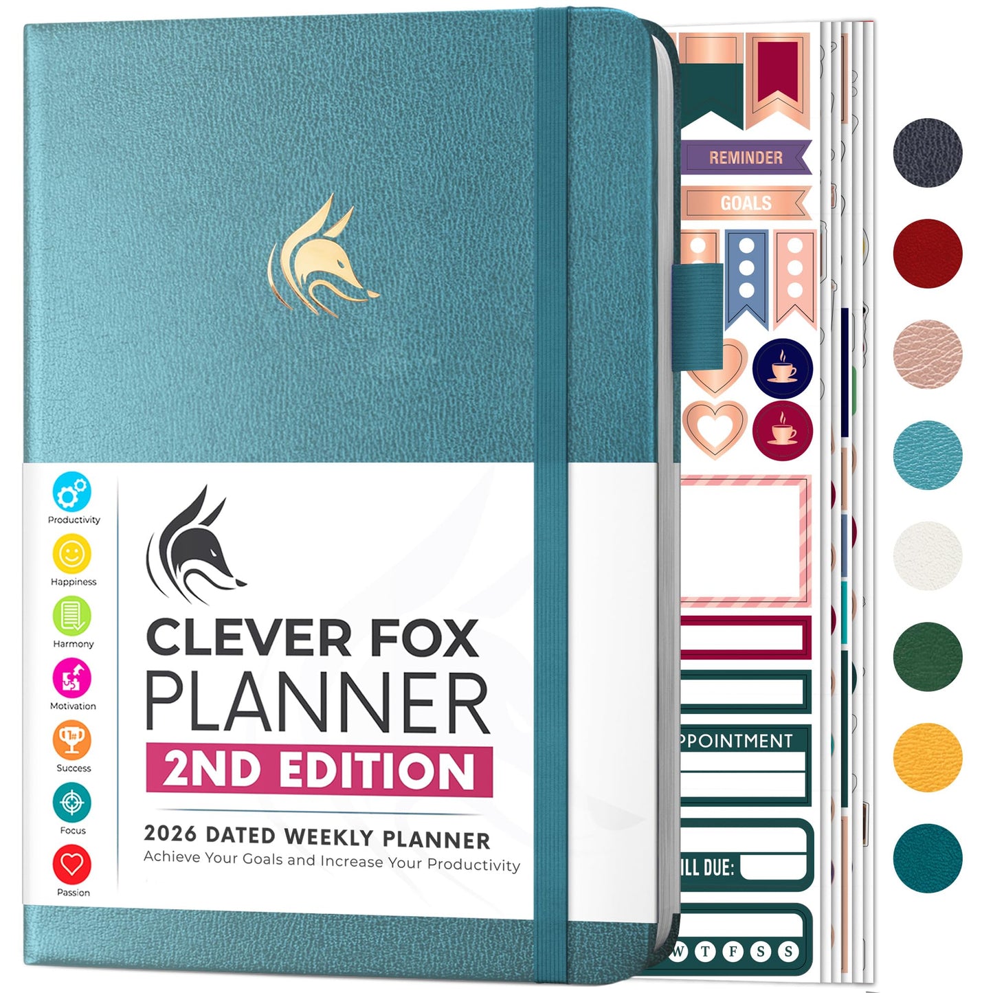 Clever Fox Planner 2nd Edition Dated Jan 2026-Jan 2027 – Colorful Weekly & Monthly Goal Setting Planner, Habit Trackers, Time Management and Productivity Organizer, Gratitude Journal, A5 (Aquamarine)