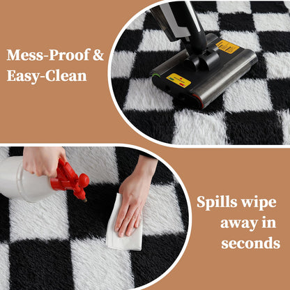 ThreadGlobe Checkered Shag Area Rug 8'x10', Black and White Plush Rug for Living Room, Non-Slip Soft Carpet for Bedroom Nursery, Modern Floor Decor with Grid Pattern, 8x10