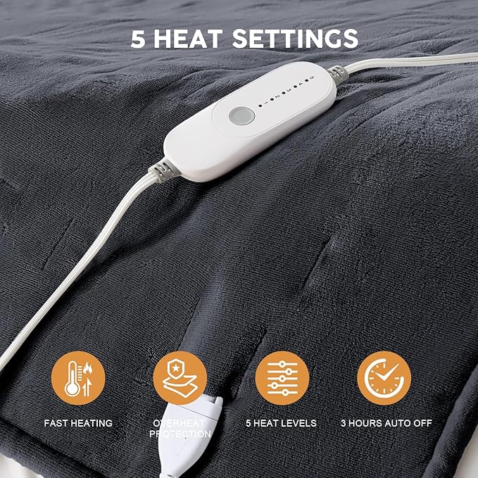 HYLEORY Heated Electric Blanket Full 72"x84" Soft Fleece & Flannel with 5 Heating Levels & 10 Hours Timer Auto Shutt Off, ETL Certified, Washable，Heated Blanket for Body-Dark Grey