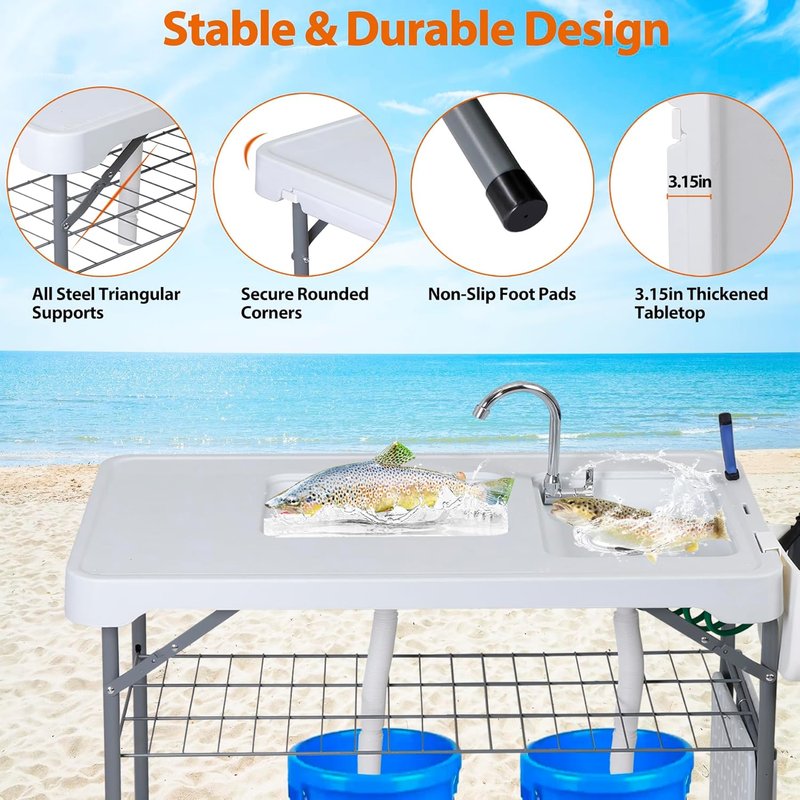Folding Fish Cleaning Table with Sink - Portable Outdoor Fish Fillet Cutting Station | 42.4" with Drainage Hose & Grid Rack