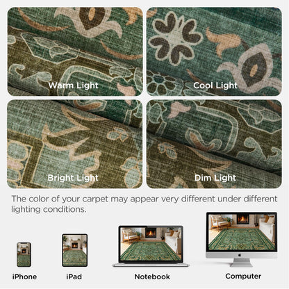 Joydeco Area Rugs 6'x9' Washable Non-Slip, Floral Vintage Distress Medallion Carpet for Living Room Bedroom Dining Room, Green&Beige&Dark Gray