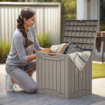 YITAHOME Outdoor Resin Storage Box 31 Gal, Water-resistant Patio Deck Box Outdoor Storage Box for Pillows, Garden Equipment, Securely Lockable, Light Brown