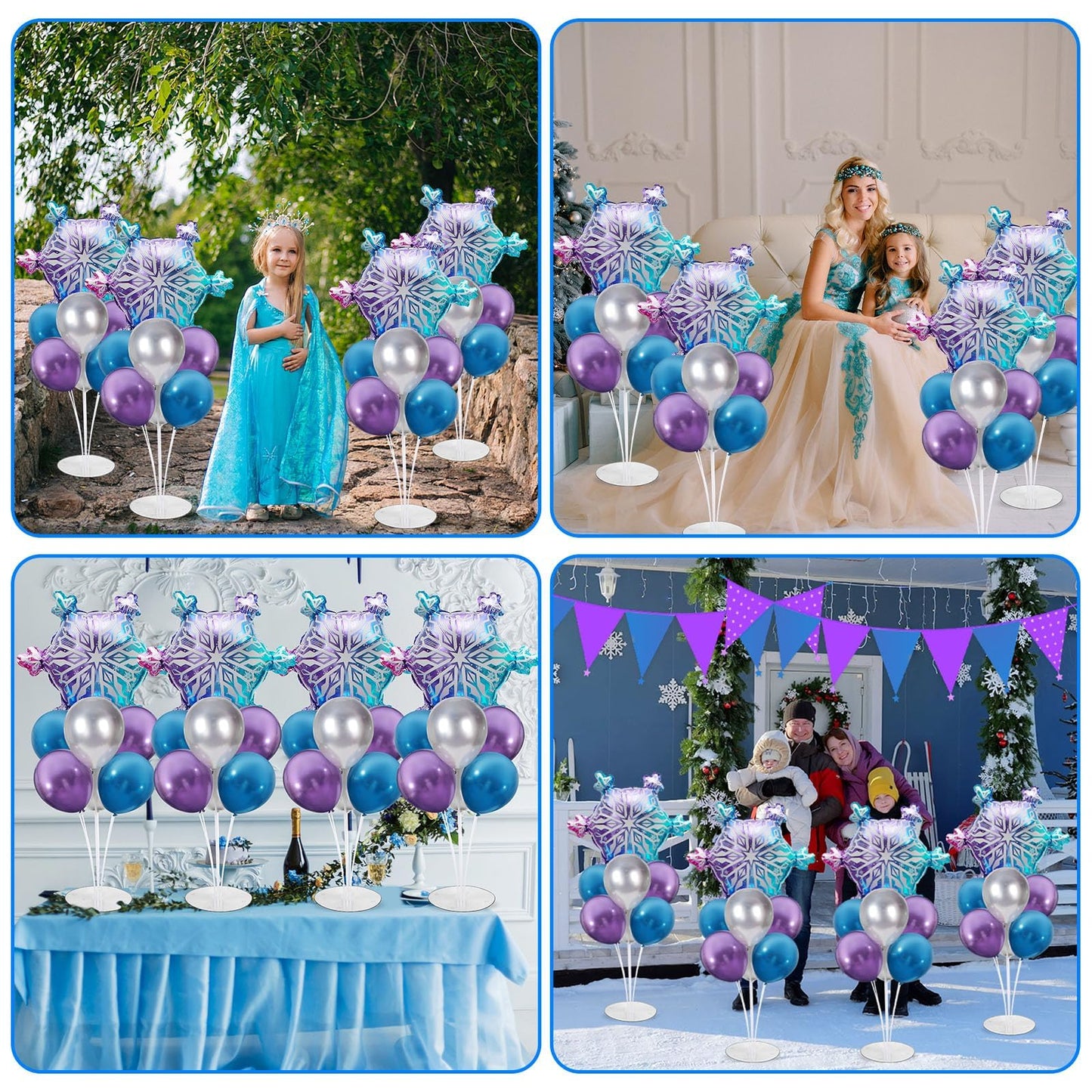 4 Sets Snow Party Balloons Stand Kit with Snowflake Foil Balloons Purple Blue Silver Party Balloon Centerpiece for Tables for Girl Princess Winter Wonderland Themed Birthday Baby Shower Decorations