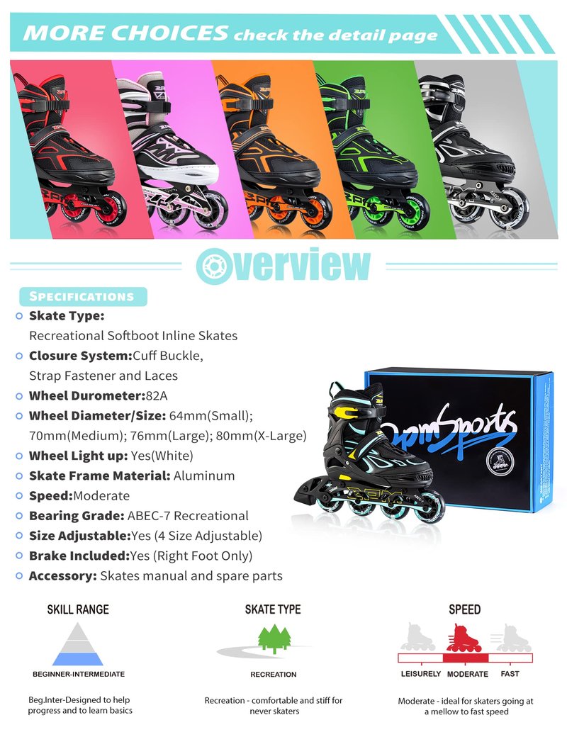 2PM SPORTS Vinal Girls Adjustable Flashing Inline Skates, All Wheels Light Up, Fun Illuminating Skates for Kids and Men - Cyan Small (11C-13C US)