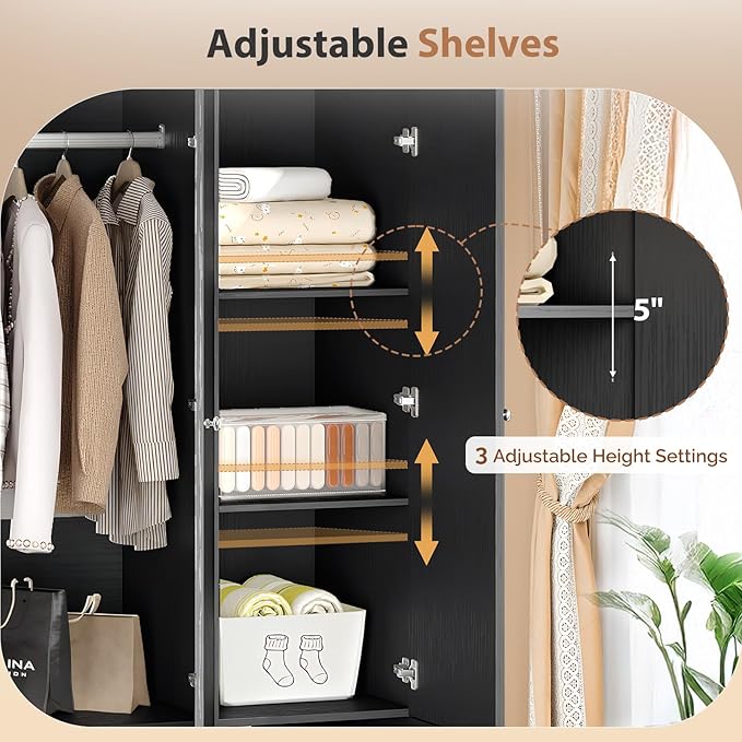 VINGLI Armoire Wardrobe Closet with Doors and Mirror,47" W Wardrobe Cabinet Wooden with Hanging Rod & Shelves Inside, 4 Door Bedroom Armoires with Drawers, Black Freestanding Armoire for Bedroom