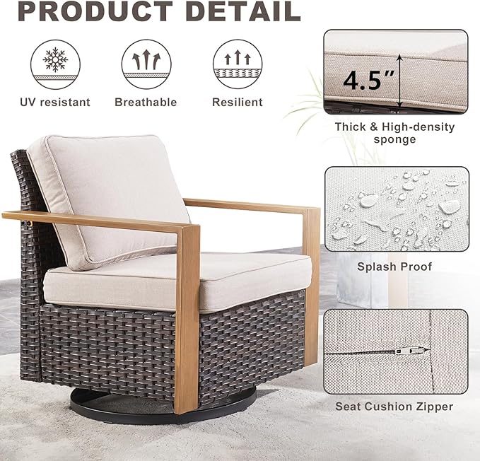 Rilyson Outdoor Wicker Patio Furniture Set - 5 Piece Patio Conversation Set with 2 Wicker Swivel Rocker Chairs,2 Ottoman, 1 Side Table, Thick Cushions, Deep Seating, Wide Armrest(Brown/Beige)