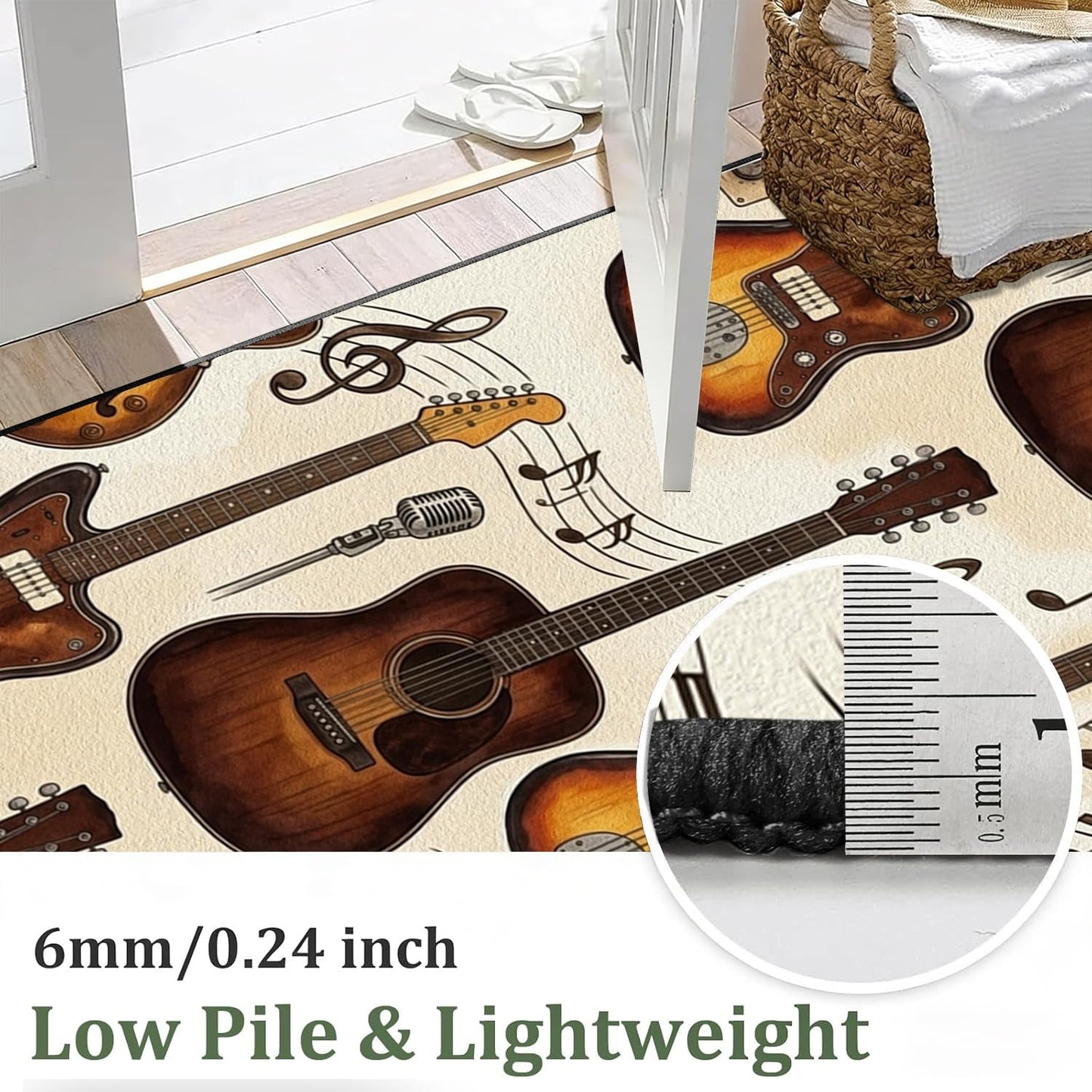 Vintage Guitar Runner Rug, 2x7ft American Style Studio Rug Musical Note and Acoustic Guitar Instrument Design, Musical Carpet for the Bedroom, Living Room, Classroom, Study, or Play Area