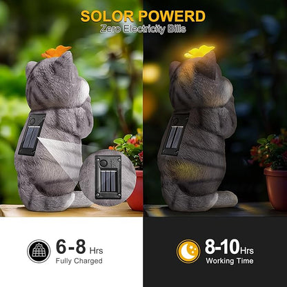 Solar Garden Decor Outdoor Statues Cat - Lawn Decor Statue for Patio, Balcony, Yard Ornament - Unique Gifts for Housewarming, Birthday, Christmas (Gray)