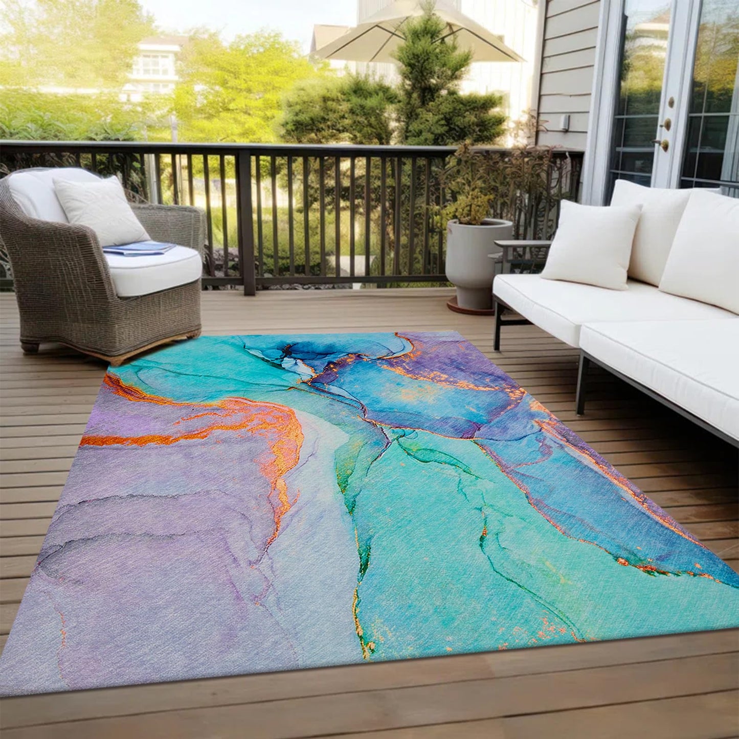 Abstract Washable Indoor Outdoor Rug, 5' x 7.6', Stain Resistant, Easy Clean, Teal Rug for Indoor/Outdoor Patio, Deck, Porch, Garden, Courtyard