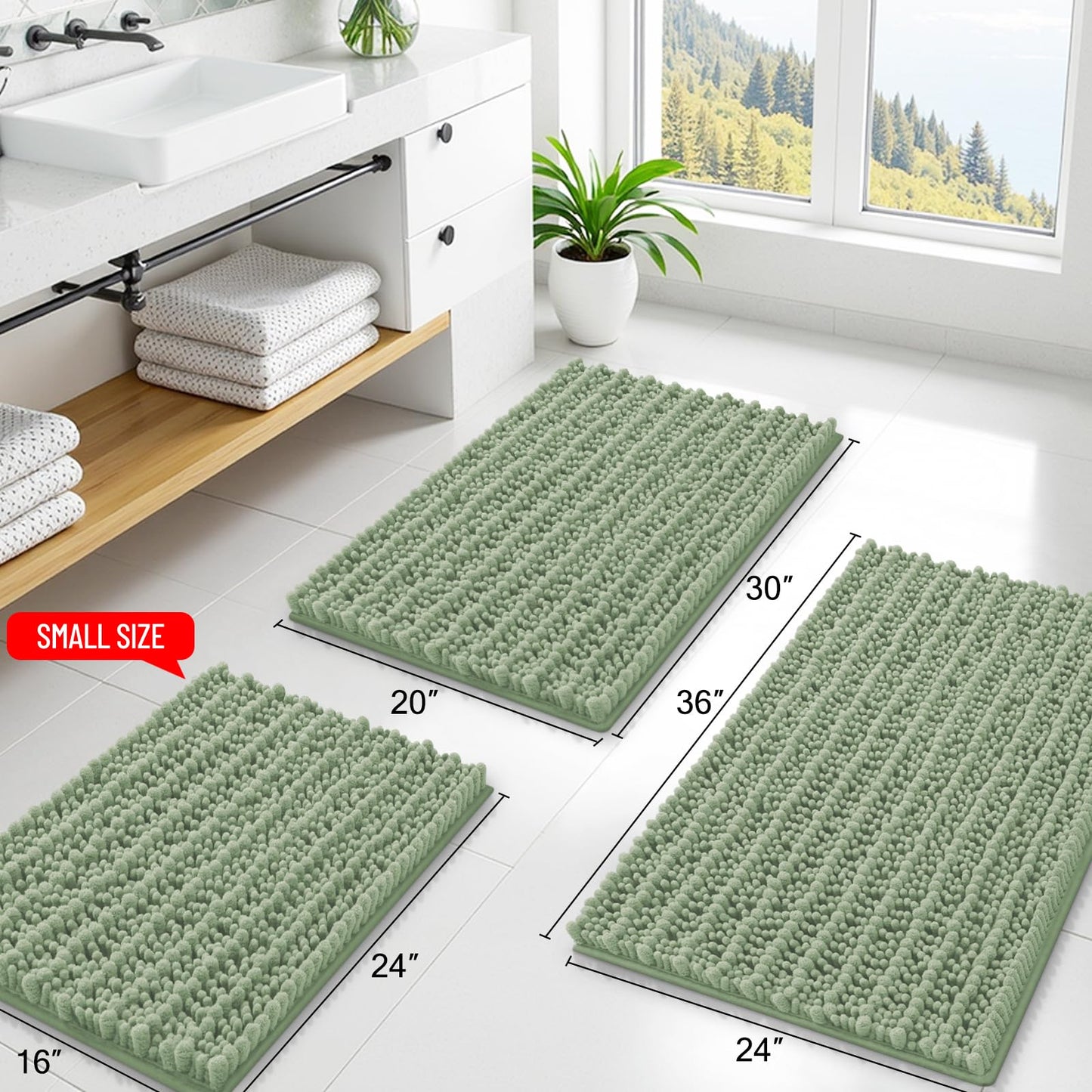Smiry Bathroom Rugs Sets 3 Piece, Soft Absorbent, Non Slip Rubber Backing Machine Washable Quick Dry Chenille Bath Rug Set for Tub, Shower, and Floor (30"x20"+24"x16"+24"x20", Sage Green)