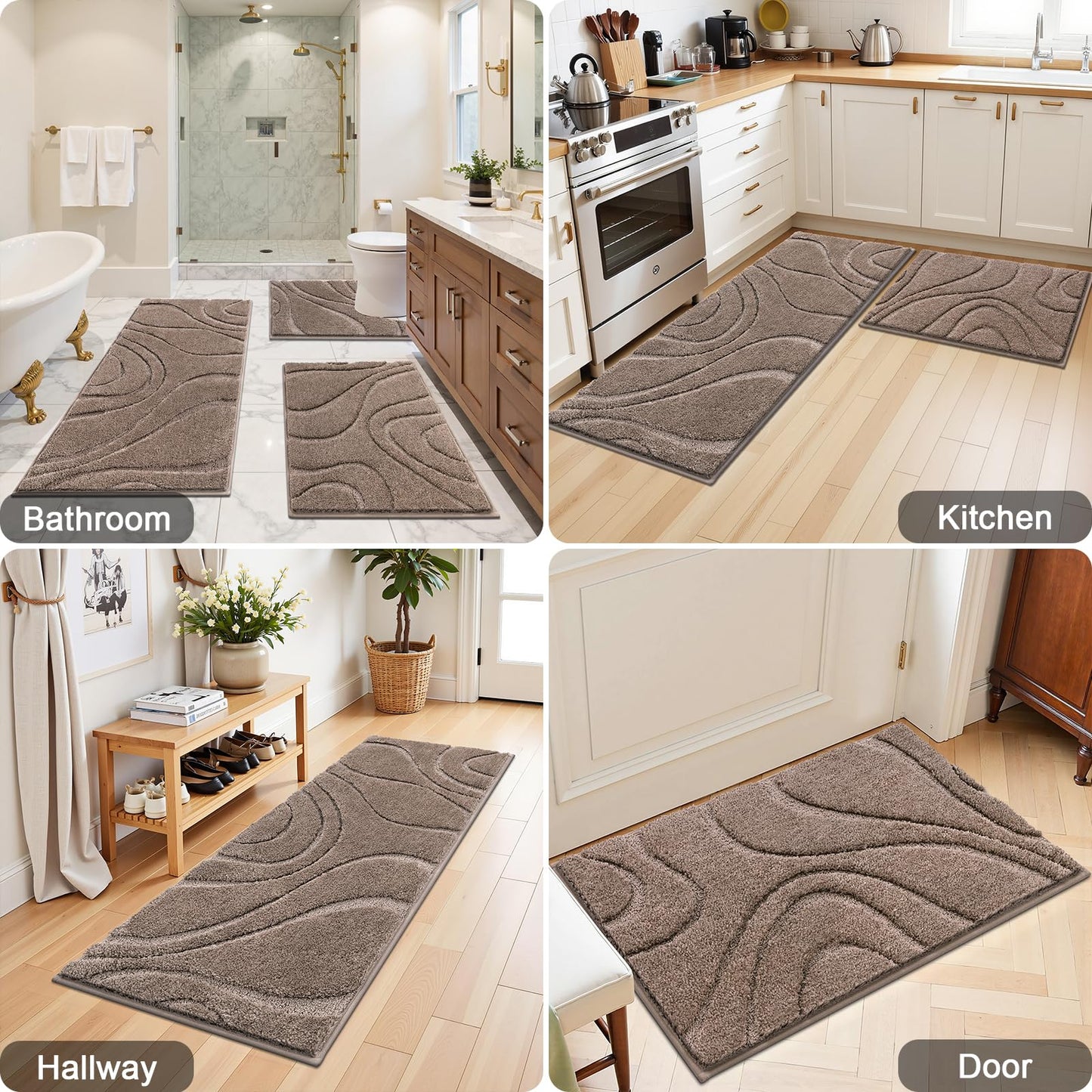 HEBE Bathroom Rug Sets 3 Piece, Non Slip Shower Mats with U-Shaped Contour Toilet Mat, Absorbent Microfiber Bath Mats for Bath Rugs, Washable Shaggy Floor Carpet, Coffee