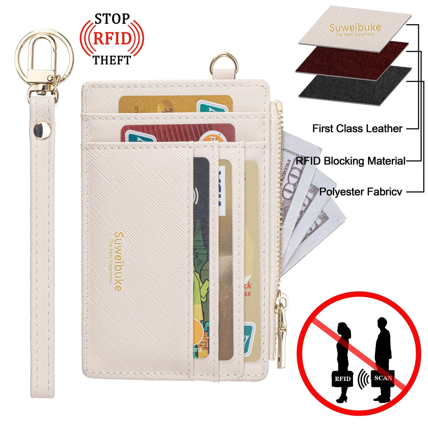 Women Slim Rfid Blocking Credit Card Case Holder Wristlet Zip ID Case Wallet Small Compact Leather Wallet Coin Purse with Keychain (Beige)