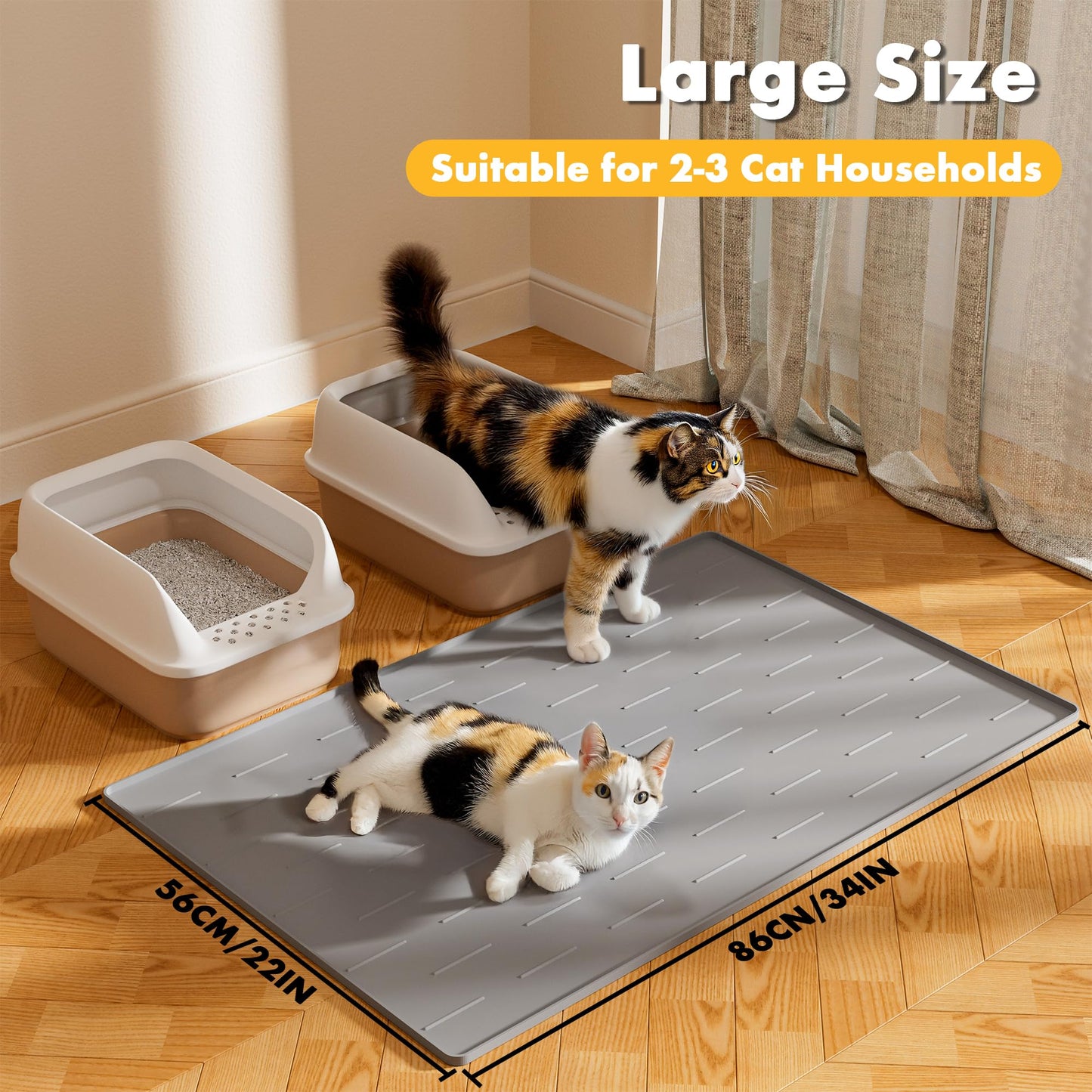 Pieviev Silicone Cat Litter Trapping Mat, 34''x22'' Large Cat Litter Mat, Easy to Clean & Soft on Kitty Paws, Waterproof Kitty Litter Pads for Indoor Cats, Light Grey