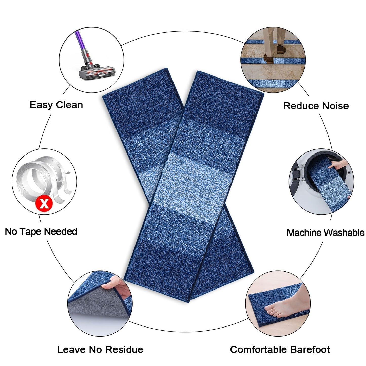 OLANLY Stair Treads Non Slip 15PCS, 8" x 30" Indoor Stair Runners for Wooden Steps, Edging Stair Rugs with Reusable Peel and Stick Adhesive for Kids Elders and Pets, Navy