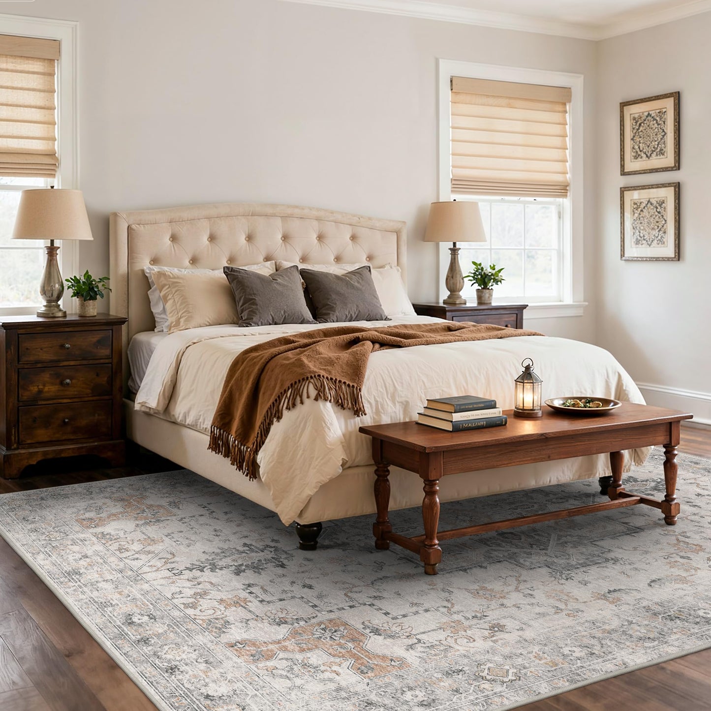 BESBLEE 8x10 Area Rugs for Living Room, Machine Washable Non Slip Vintage Rugs, Low Pile Lightweight Print Rug for Bedroom, Dining Room, Home Office, Light Taupe Brown