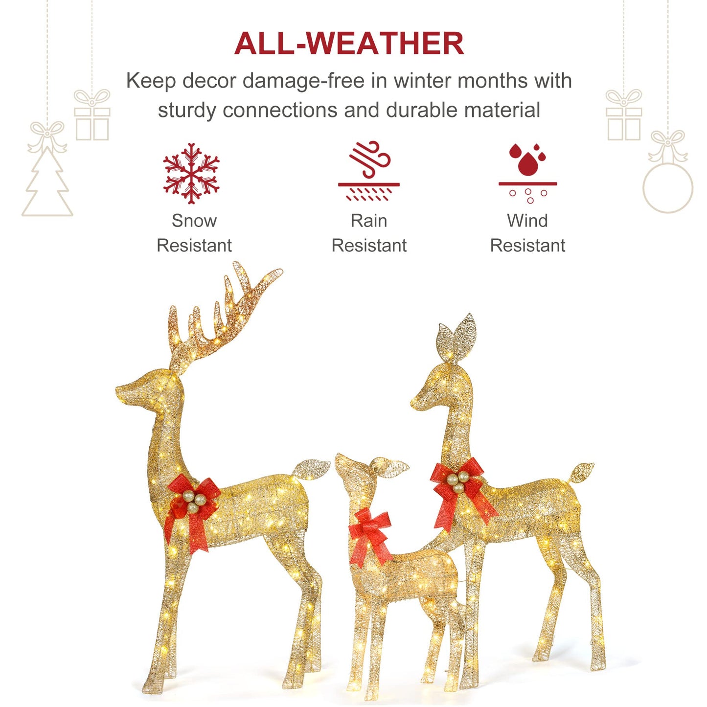 Lighted Christmas Decoration Deer 3 Piece, HOYECHI Light up Christmas Decor Reindeer Family Set for Indoor Outdoor Front Yard Porch with 210 LED Lights, Plug, Ground Stakes - Gold