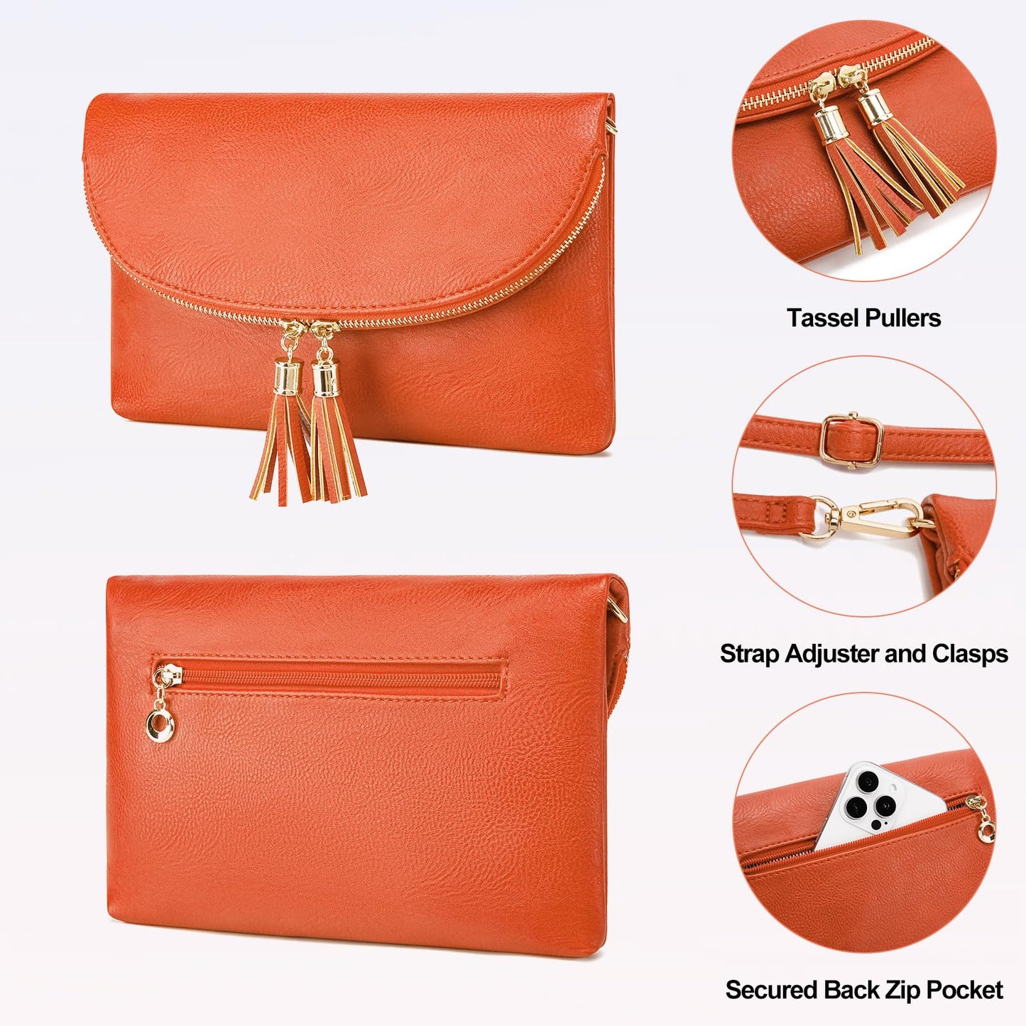 Solene Womens Envelop Clutch Purse Multi Compartments, 6 Card Slot Inside, Crossbody Bag With Tassels (WU075-Burnt Orange)
