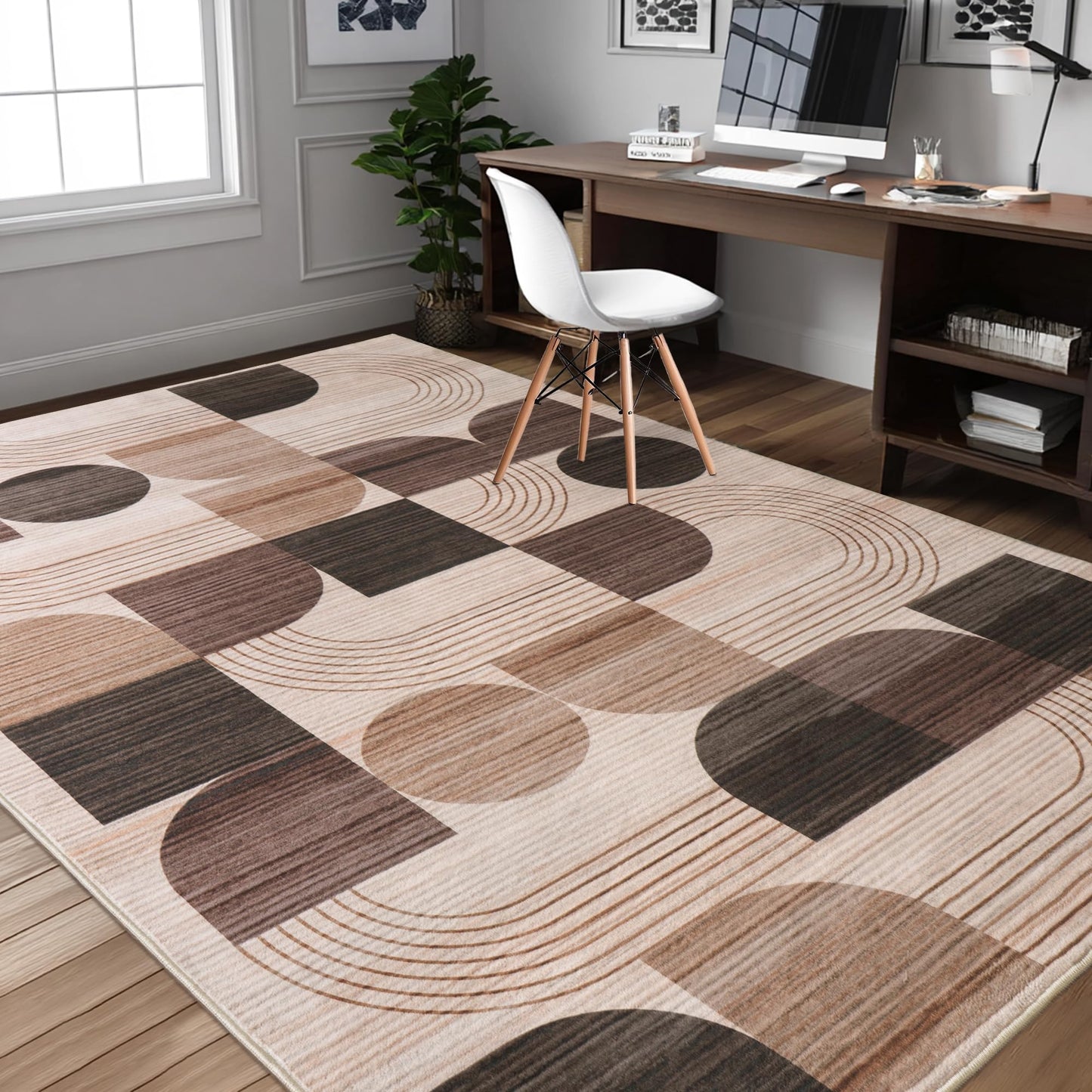 QDUIDU Large Machine Washable 4x6 Area Rug, Soft Modern Geometric Abstract Brown Rugs for Bedroom Living Room, Non-Shedding Faux Wool Indoor Throw Floor Carpet for Office Entryway Dining Room Decor
