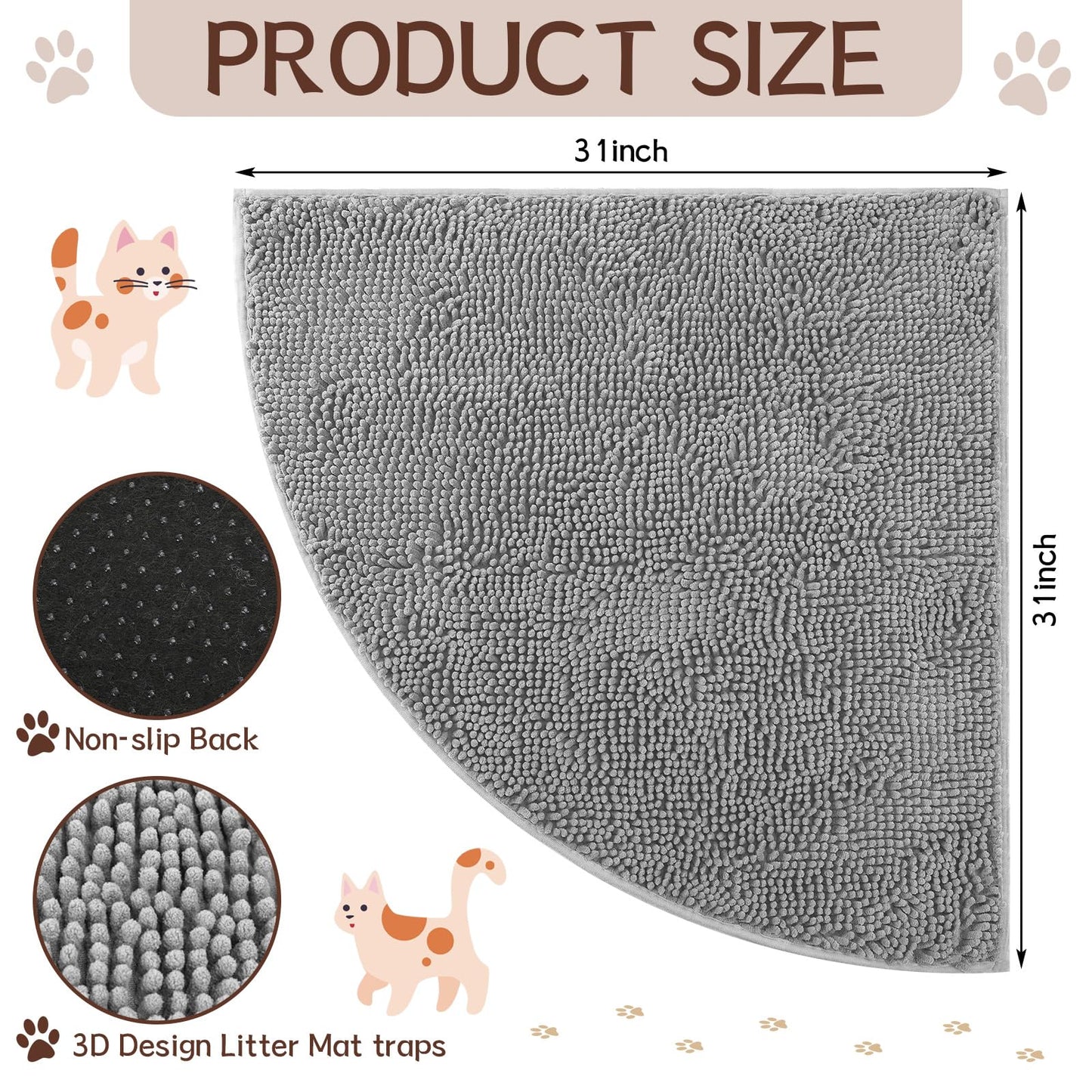 Tinideya Corner Cat Litter Mat 31"x 31" Kitty Litter Box Trapping Mat Large Waterproof Corner Rug Non Slip, Easy Clean, Machine Washable(Light Gray)