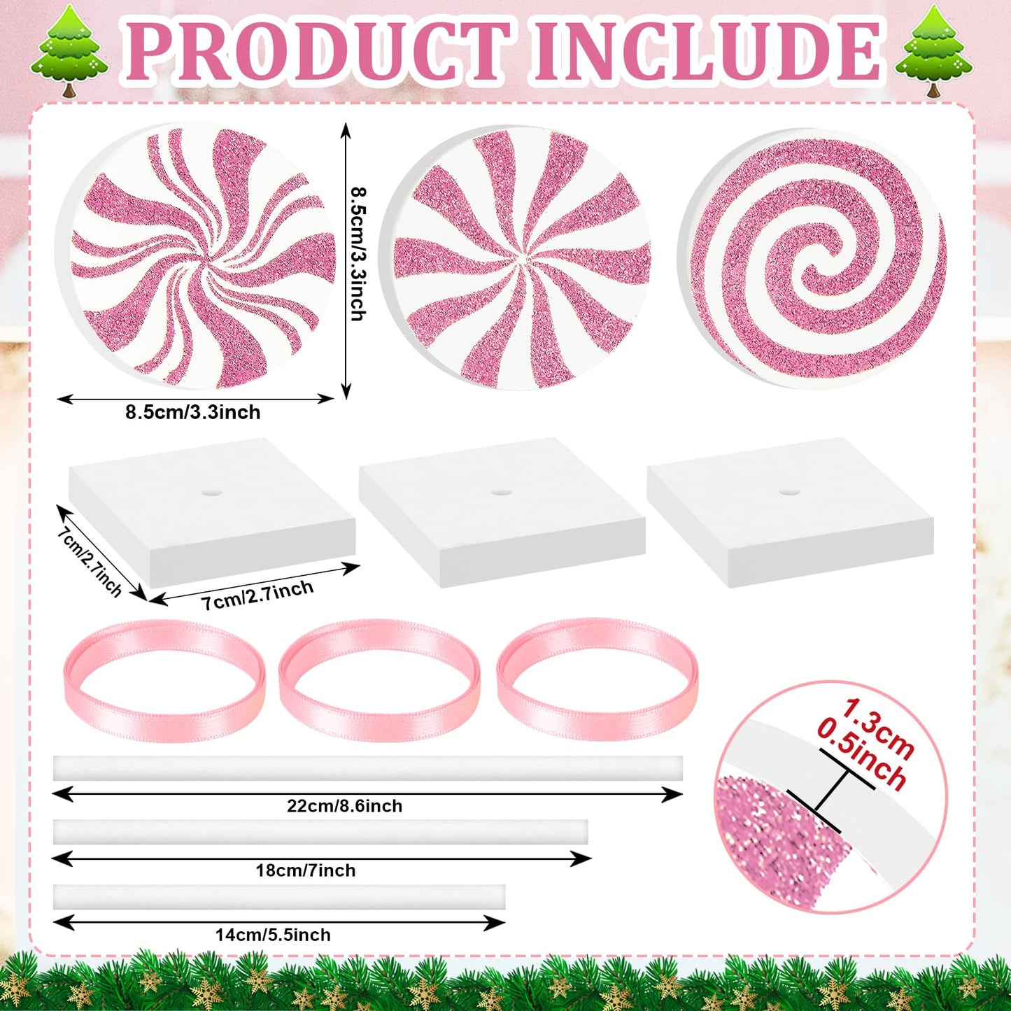 3 Pieces Christmas Table Decorations Wood Candy Set, Pink Christmas Tiered Tray Decor,Rustic Candy Table Decorations for Home Tables (Pink)