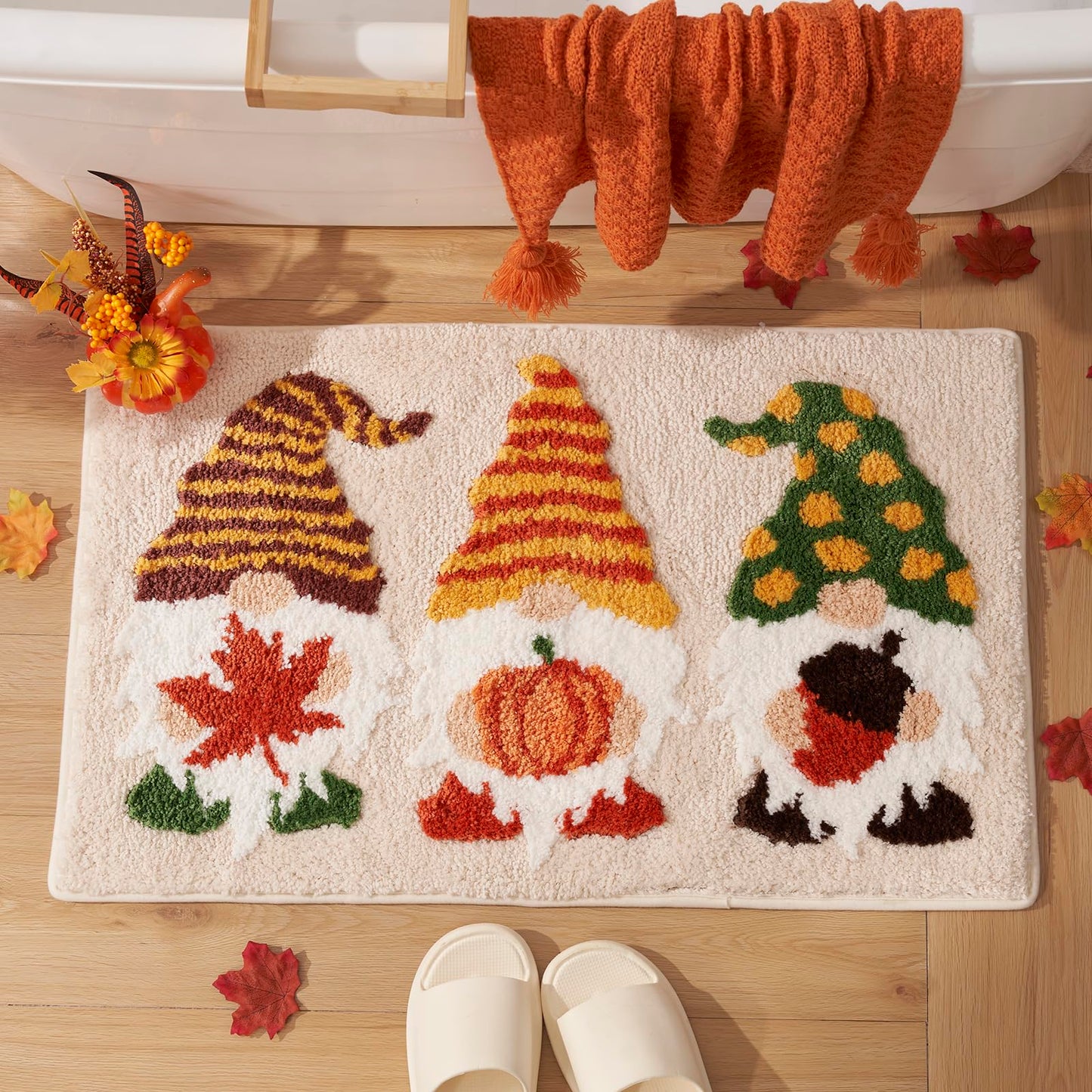ELDONE Fall Bathroom Decor Gnomes Rug with Pumpkin Maple Leaf, Cute Autumn Non-Slip Rug for Thanksgiving Home Decor, Funny Bath Mat for Bedroom Kitchen, 30" x 20"