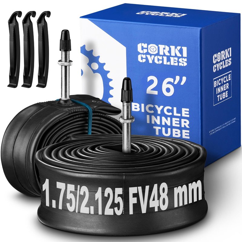Corki Cycles 26 Inch Mountain Bike Tire Inner Tube 26 x 1.75 1.85 1.9 1.95 2.0 2.1 2.125 Presta Valve 48mm, Heavy Duty Butyl Rubber 26in MTB Bicycle Tube Replacement 2 Pack