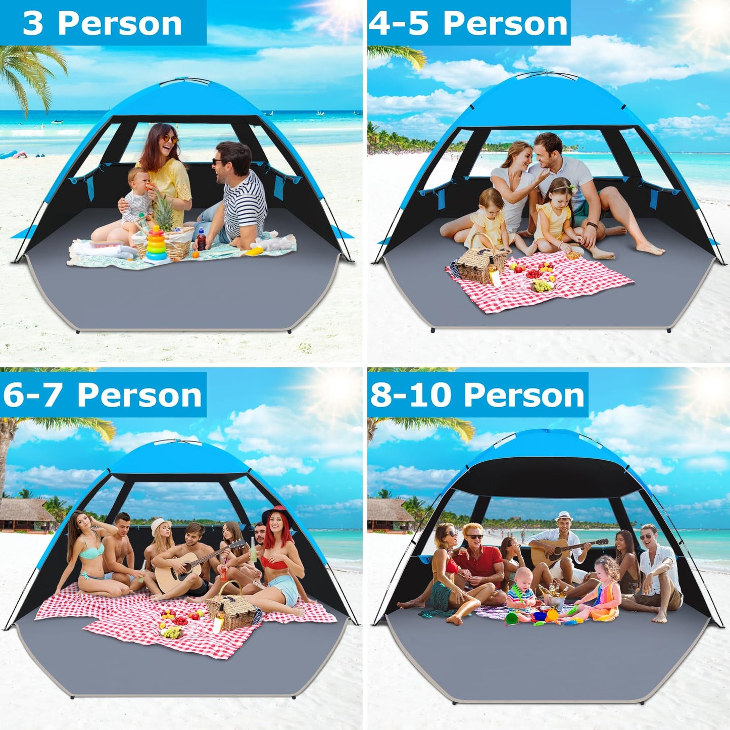 Gorich Beach Tent Sun Shelter for 3/4/6/8/10 Person with UPF 50＋ UV Protection, Lightweight & Easy Setup Beach Shade Canopy, Portable Beach Shade Tent Beach Cabana