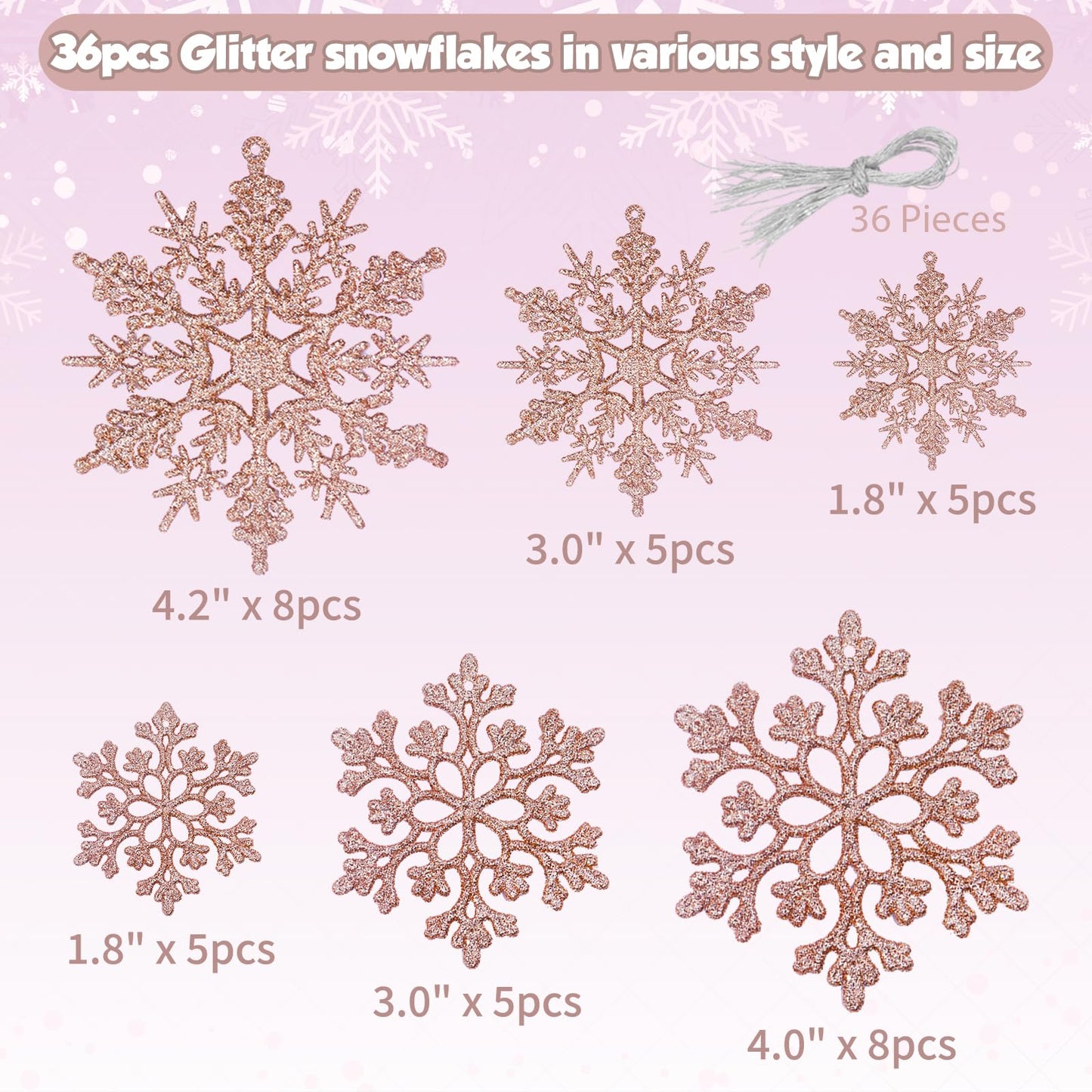 36pcs Christmas Rose Gold Snowflake Ornaments Plastic Glitter Snow Flakes Ornaments for Winter Christmas Tree Decorations Size Varies Craft Snowflakes