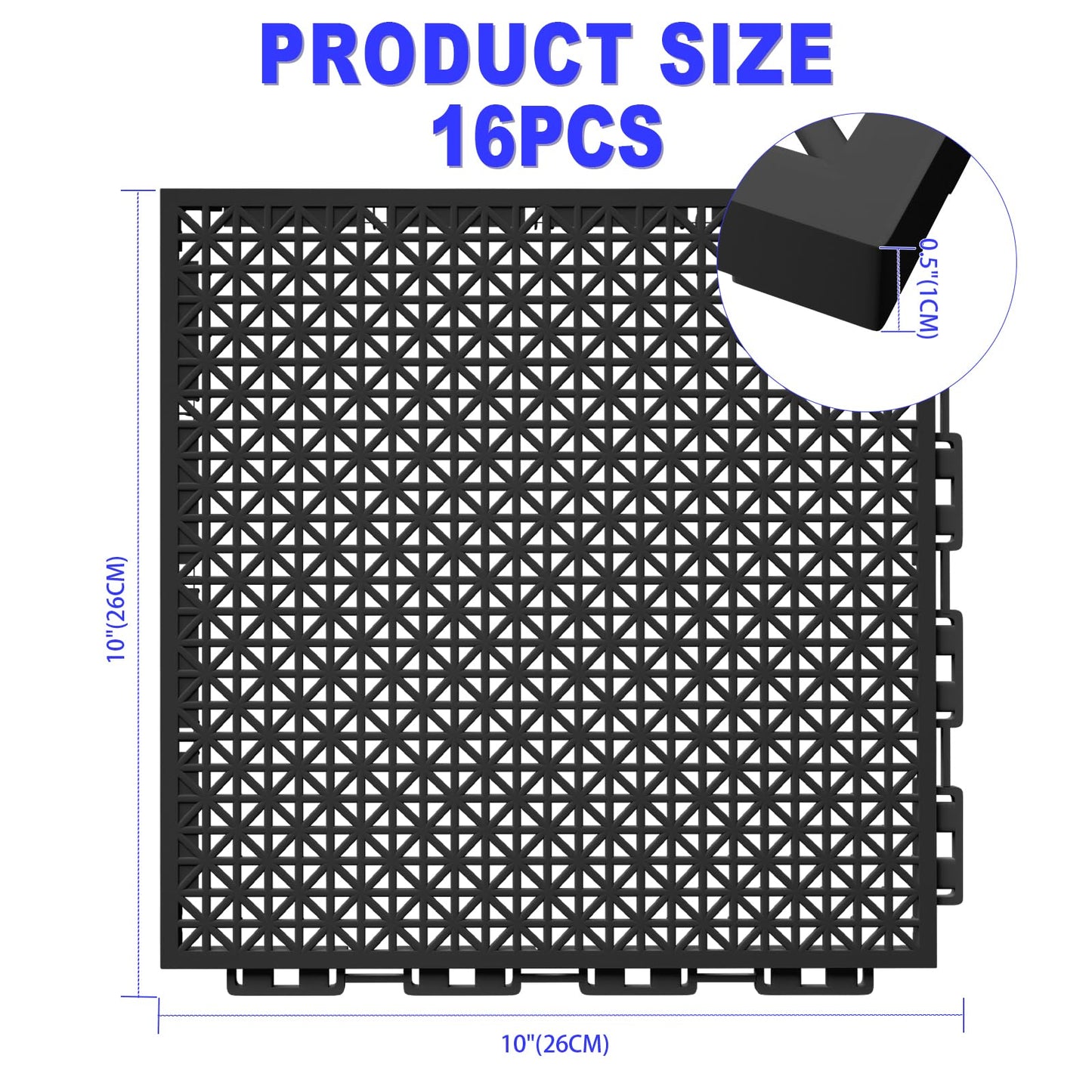 16 PCS Modular Interlocking Cushion Interlocking Floor Tiles with Hole Drainage Mat 10" x 10" Non Slip Pool Deck Mat Outdoor for Drain Deck Pool Patio Shower Kitchen Balcony (Black)