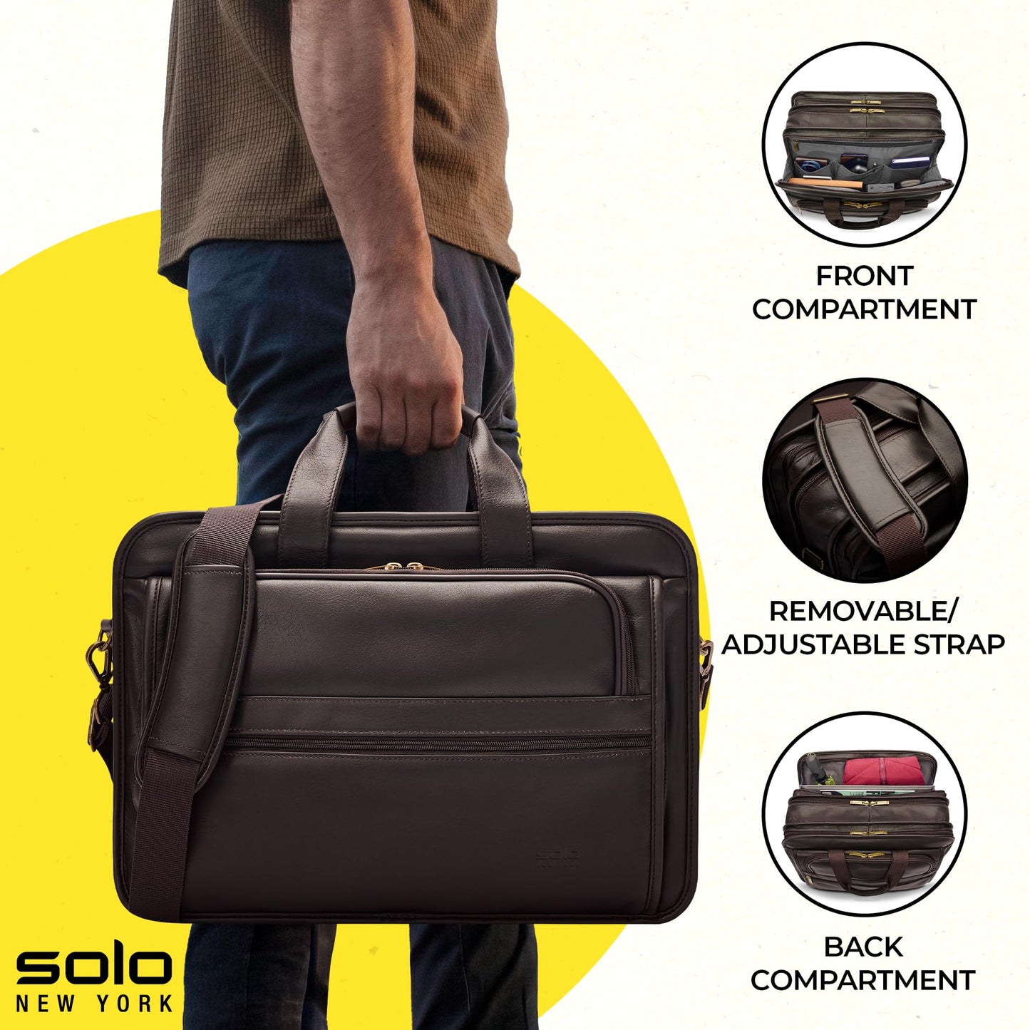 Solo New York Briefcase - Laptop Carrying Bag for Women & Men, Brief for Travel & Work, Padded Shoulder Strap, Premium Leather Body, Fits 15.6" Computer - Espresso