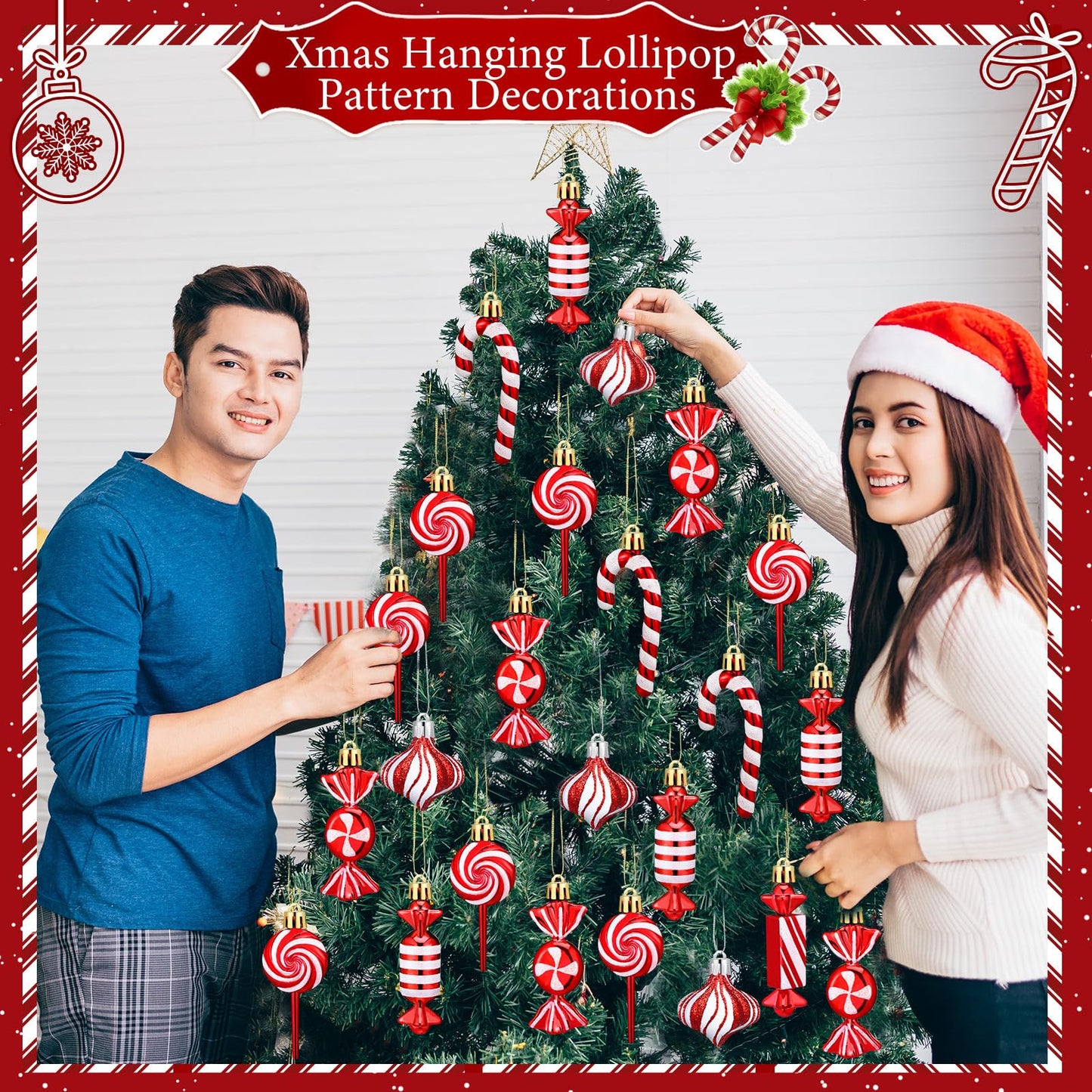 Realspring 30 Pcs Christmas Candy Ornaments Peppermint Candy Cane Christmas Decorations Plastic Lollipop Hanging Ornaments with Rope for Xmas Tree Party Holiday Supplies(Red White)