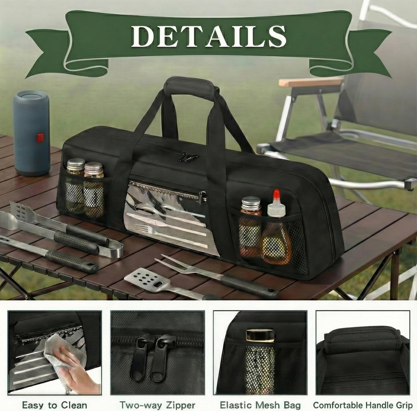 Chrysoippotis Grill Utensil Storage Bag, Large Grill Tool Storage Caddy with Pockets, BBQ Outdoor Tool Storage Bag for Grilling, Camping, Picnic Accessories (22" L×6.5" W×7.2" H, Bag Only)